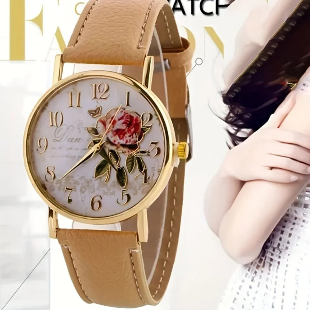 Vintage-Inspired Rose Floral Dial Tan Strap Gold-Tone Quartz Watch